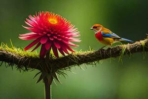 a colorful bird sits on a branch with a flower. AI-Generated photo