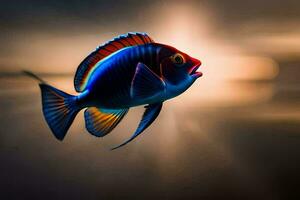 un pescado con brillante colores es mostrado en el oscuro. generado por ai foto