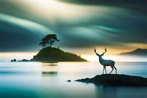 a deer stands on a rock in the ocean at sunset. AI-Generated photo