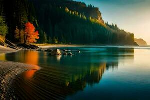 un hermosa puesta de sol terminado un lago con arboles y rocas generado por ai foto