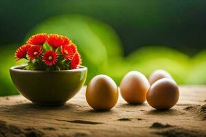 cuatro huevos y un flor en un maceta en un mesa. generado por ai foto