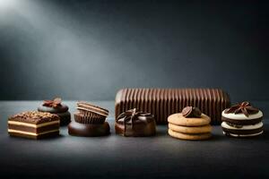 chocolate y galletas en un oscuro superficie. generado por ai foto