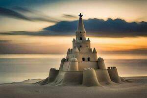 a sand castle is built on the beach at sunset. AI-Generated photo