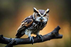 an owl is sitting on a branch with a blurry background. AI-Generated photo