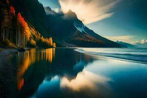 a mountain range and lake are reflected in the water. AI-Generated photo