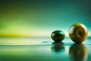 two green olives on a table with a green background. AI-Generated photo