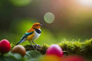 foto fondo de pantalla pájaro, el sol, el césped, el flores, el huevos, el huevos,. generado por ai