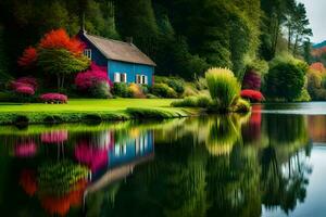 a blue house sits on the edge of a lake. AI-Generated photo