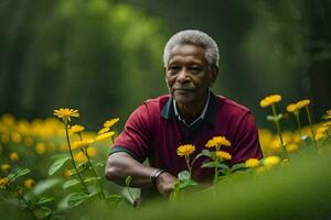 an older man in a field of yellow flowers. AI-Generated photo