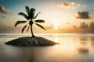 un palma árbol en un pequeño isla a puesta de sol. generado por ai foto