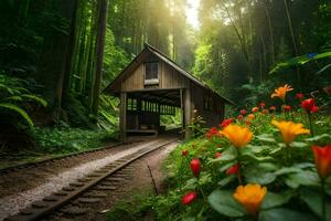 un pequeño de madera casa se sienta en un tren pista rodeado por flores generado por ai foto