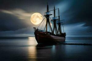 un Embarcacion en el Oceano con un lleno Luna en el antecedentes. generado por ai foto
