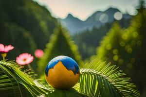 an easter egg is sitting on a leaf in front of a mountain. AI-Generated photo