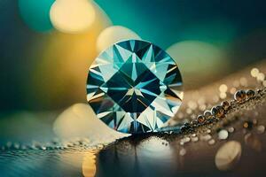 a diamond is shown on a table with water droplets. AI-Generated photo