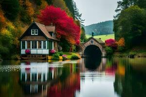 a house sits on the side of a lake surrounded by trees. AI-Generated photo