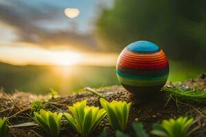 an easter egg is sitting in the grass with the sun setting behind it. AI-Generated photo