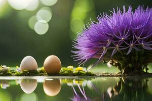 two eggs are sitting on the ground next to a purple flower. AI-Generated photo