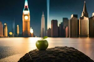 un manzana se sienta en un rock en frente de un ciudad horizonte. generado por ai foto