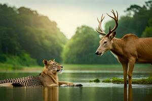 a cheetah and a deer in the water. AI-Generated photo