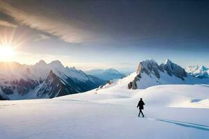 un persona caminando a través de un Nevado montaña. generado por ai foto