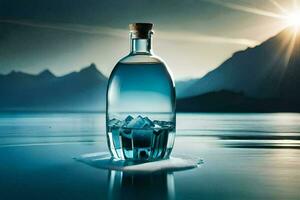 a bottle of water sitting on the water with mountains in the background. AI-Generated photo