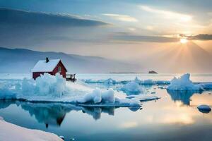 a red house sits on top of an iceberg in the middle of the ocean. AI-Generated photo
