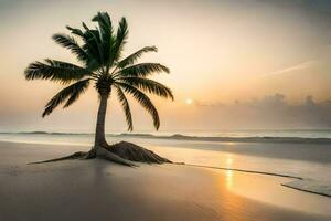 a palm tree on the beach at sunset. AI-Generated photo