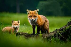 two foxes standing in the grass next to a tree. AI-Generated photo