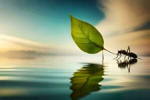 un hoja es sentado en el agua con un hormiga. generado por ai foto