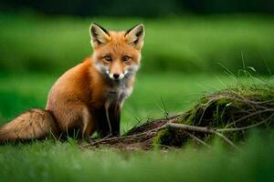 a fox sitting in the grass with a tree stump. AI-Generated photo