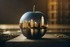 an apple with a cityscape on it. AI-Generated photo