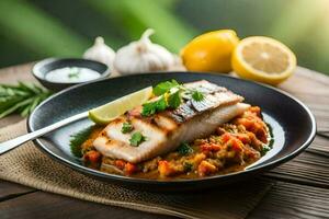 grilled salmon with tomato sauce and lemon on a plate. AI-Generated photo
