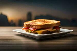 a grilled sandwich on a plate with a city view. AI-Generated photo