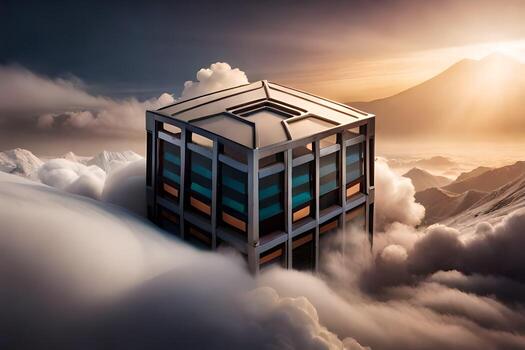 a cube in the clouds with a mountain in the background. AI-Generated photo