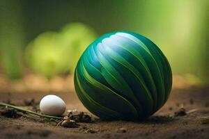 a green and white egg sitting on the ground. AI-Generated photo