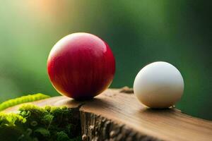 two eggs are sitting on top of a wooden stump. AI-Generated photo