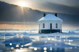 un pequeño casa se sienta en parte superior de un hielo témpano de hielo. generado por ai foto