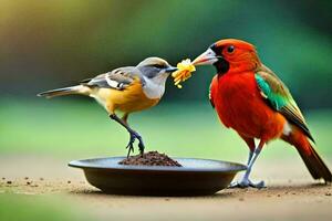 two birds are standing next to each other on a plate. AI-Generated photo