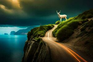 a deer stands on a cliff overlooking the ocean. AI-Generated photo