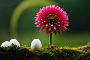 a pink flower and three white eggs on a mossy ground. AI-Generated photo