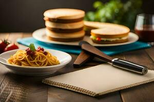 spaghetti and a sandwich on a wooden table. AI-Generated photo