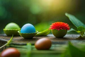 easter eggs and flowers on a wooden table. AI-Generated photo