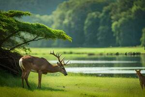 a deer and a baby deer are standing in the grass near a lake. AI-Generated photo