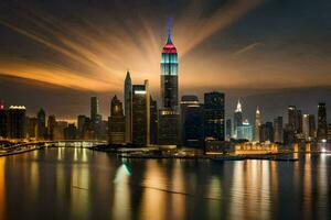 el Manhattan horizonte a noche. generado por ai foto