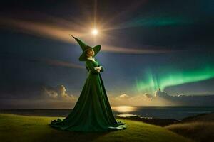 un mujer en un verde vestir soportes en frente de el Aurora boreal. generado por ai foto