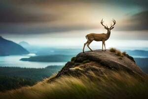 a deer stands on top of a mountain overlooking a lake. AI-Generated photo