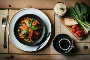 a plate of pasta, tomatoes and vegetables on a wooden table. AI-Generated photo