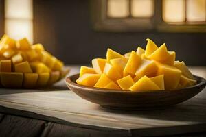 a bowl of sliced mangoes on a table. AI-Generated photo