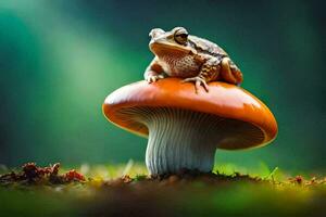 a frog sits on top of a mushroom. AI-Generated photo