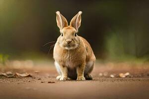 a rabbit sitting on the ground in front of a blurry background. AI-Generated photo